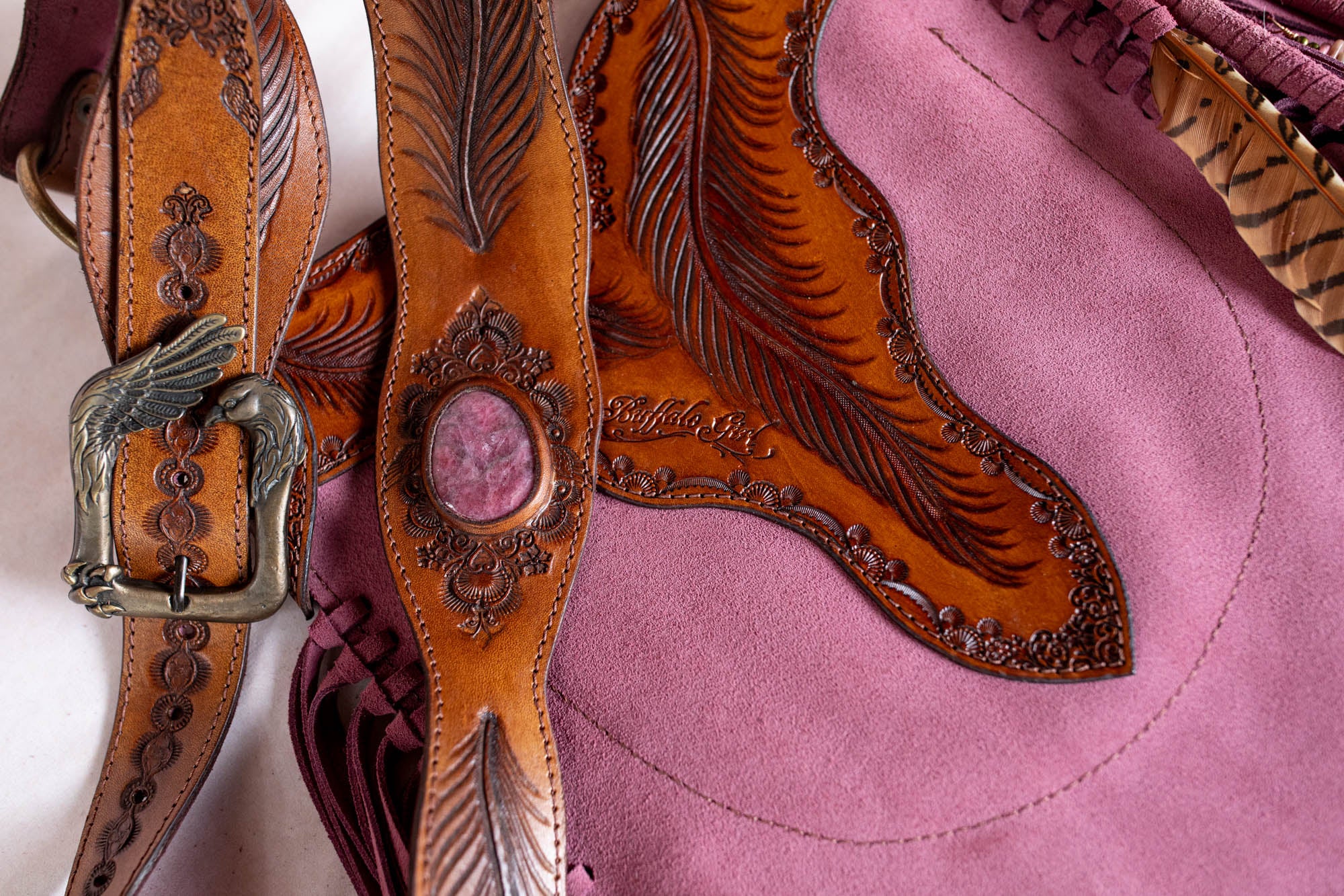 Apache Tasselled Bag with Pink Rhodonite