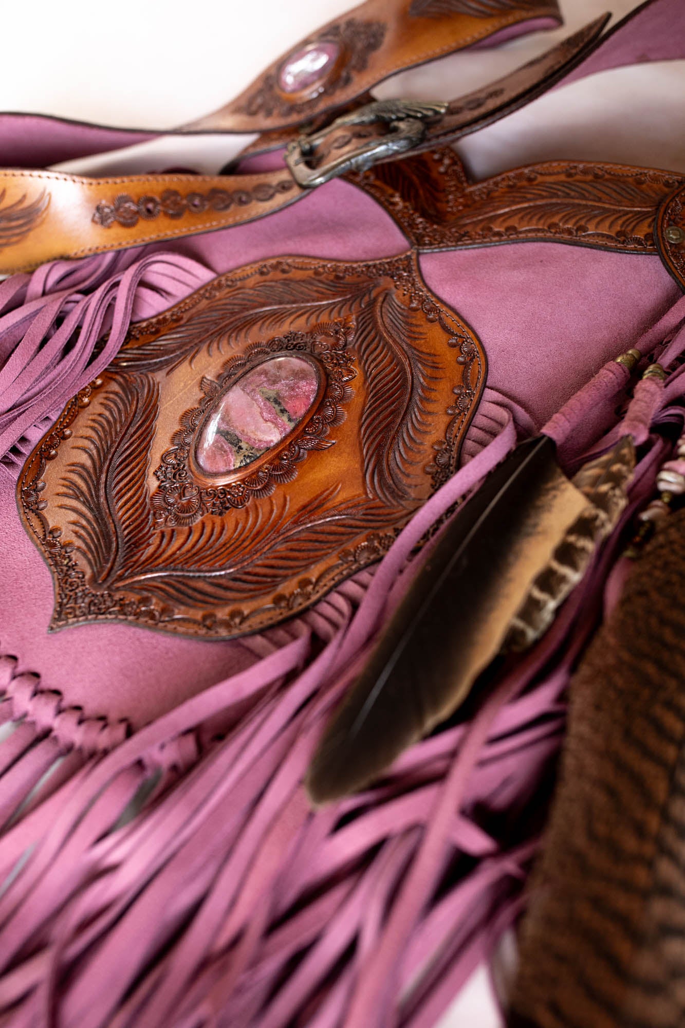 Apache Tasselled Bag with Pink Rhodonite